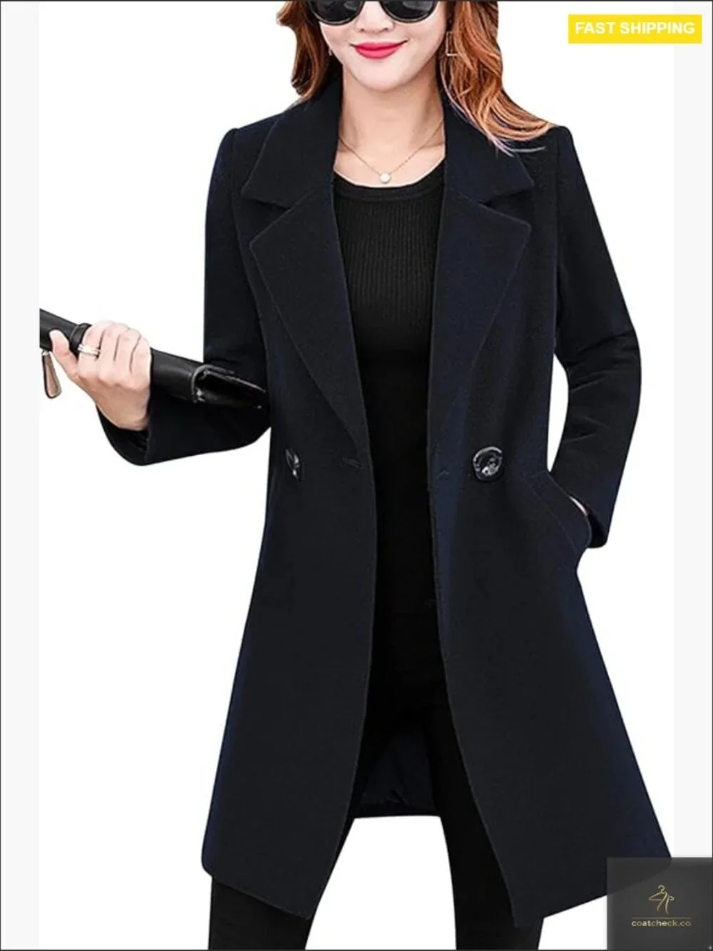 Elegant Notched Collar Wool Blend Long Pea Coat Overcoat Slim Fit Classic
